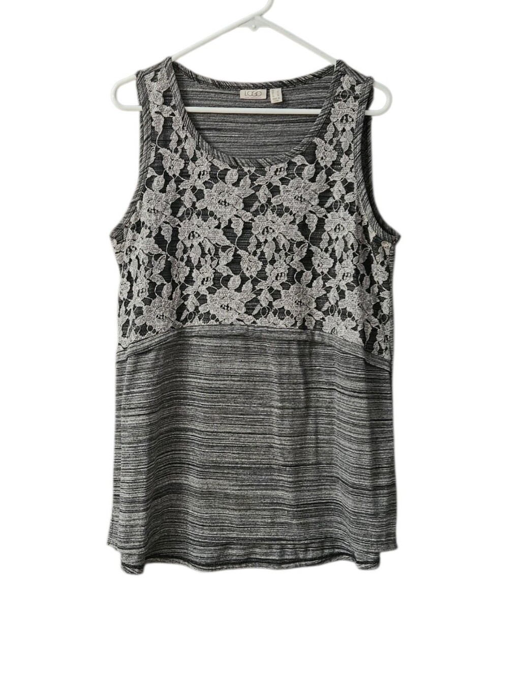 LOGO by Lori Goldstein Black & Gray Lace-Accent Tank Women Large